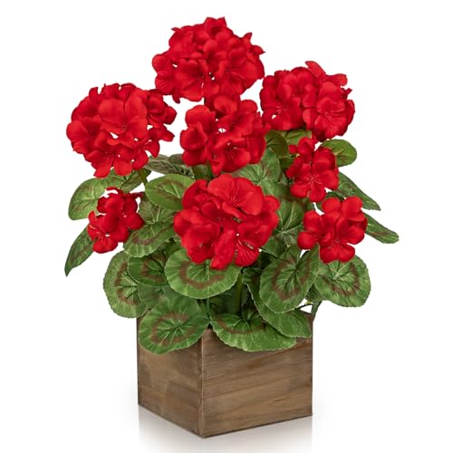 Briful Artificial Geraniums Flowers in Square Wooden Box, Faux Red Silk Geranium Potted Plant, 15.7" Fake Floral Arrangement for Rustic Farmhouse Home Kitchen Table Centerpiece Patio Décor - color: Red#584