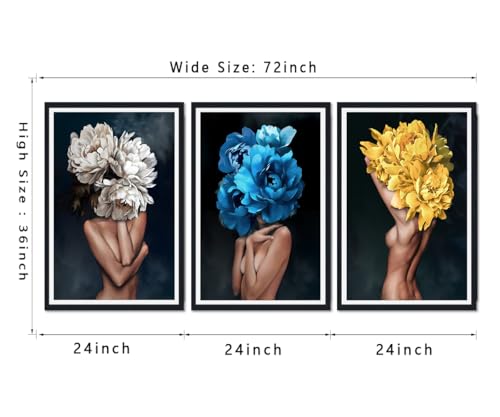 Flower Head Woman Canvas Wall Art Sexy Women Nude Posters Wall Decor Girls with Colorful Flowers Prints Artwork for Living Room Bedroom Bathroom Hotel Framed Ready to Hang 24x36inchx3pcs - color: Art01, size: 24x36x3Pcs Black Framed