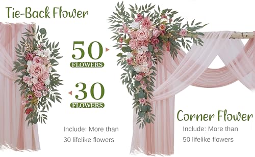 Wedding Arch Flowers with Drapes Kit (Pack of 4) - 2pcs Artificial Dusty Rose Deluxe Swag with 2pcs Sheer Drapes for Wedding Ceremony Arbor Reception Backdrop Rose Floral Decoration - color: Dusty Rose