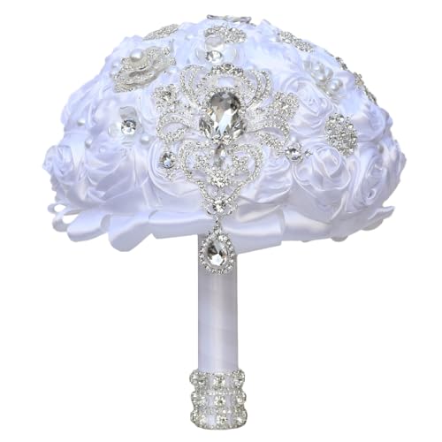 Bridal Wedding Bouquet Round Bling Brooch Bouquet Artificial Rose Flower Bunch for Bride Bridesmaid Wedding Quinceanera(White, 8.7") - color: White, size: Medium (Dia. 8.7"/22cm)