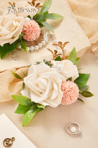 White Rose Boutonniere and Wrist Corsages for Wedding(Set of 2), Prom Corsage Wristlet for Wedding, Prom, Anniversary, Graduation, etc. - color: White, size: 1 Corsage & 1 Boutonniere