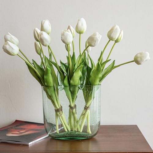 DUYONE 15pcs Artificial Tulips Flowers, Soft Touch Latex Bouquet, Fake Tulips for Office Wedding Party Home Kitchen Garden Decoration - color: 15pcs White (No Vase)