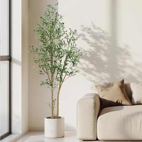 HZXGCP Olive Tree Olive 7 feet, Artificial Olive Tree with White Pot, Fake Tree with 1882 Dense Leaves & 96 High-Simulated Olive Fruits - Easy Assembly, Low Maintenance (Olive Tree 7ft) - color: Olive Tree 7ft