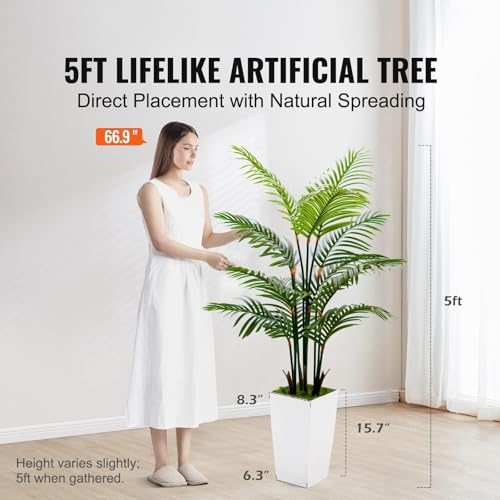Artificial Plants Indoor - Fake Tree with White Tall Planter - Faux Floor Large Plant in Pot - Evergreen Artificial Silk Trees for Home Office Living Room Decor Indoor (Palm Tree 5FT)