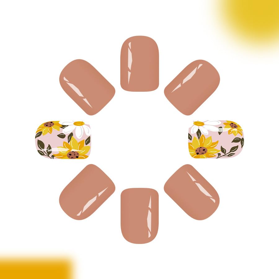 Brown Flower Press on Nails Short Square Fake Nails with Yellow Cute Daisy Sunflower Fall Designs Glossy Acrylic Kit Simple Stick on False Nails for Women Girls 24Pcs