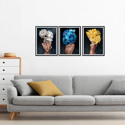 3 Piece Abstract Canvas Wall Art Sexy Women Nude Posters Wall Decor Girls with Colorful Flowers Head Prints Artwork for Living Room Bedroom Bathroom Hotel Framed Ready to Hang 12x16inchx3pcs - color: Art01, size: 12x16x3Pcs Black Framed