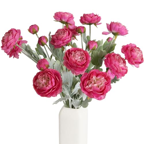 IPOPU Hot Pink Flowers Fake Peonies Artificial Ranunculus Flowers 6pcs 18Heads Hot Pink Silk Flowers 20.47" for Faux Floral Arrangements Wedding Bouquets Home Table Decor - color: Hot Pink