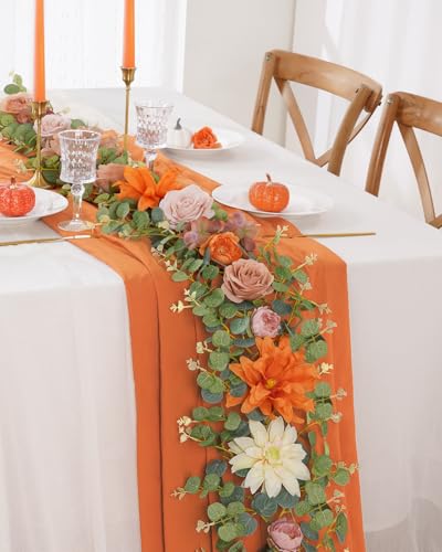 Waipfaru 6Ft Fall Garland Decor, 6Ft Eucalyptus Flower Garland for Table, Fall Floral Vines with Terracotta Flowers for Wedding Arch Backdrop Wall Thanksgiving Decorations (Terracotta) - color: Terracotta-6.07ft, size: 1 Pack