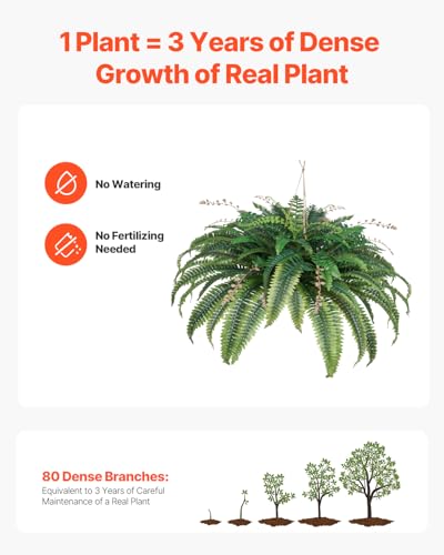 VEVOR Artificial Ferns, Natural Spread Diameter 41 Inch, Large Hanging Fake Boston Ferns, Sunlight Resistant Fake Plant Wall Decor with 80 Branches and Flowerpot, Faux Fern for Home Office Outdoor - size: 42 inch（80 Branches）