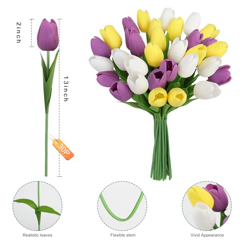 Artificial Tulips Flowers Fake Latex Tulip Stems - 56pcs Real Touch Faux Multicolor Tulips Flower for Spring Wedding Bouquet Centerpiece Floral Arrangement Cemetery Table Decor - color: White,yellow,purple 01