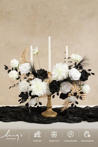 Ling's moment Fake Flowers Box, Faux Artificial Greenery Stems Foam Roses Silk Dahlia Hydrangea Eucalyptus Fabic Flower for Centerpieces Bouquet Wedding Vase, White & Black & Golden, Deluxe Combo - color: Wht-white & Black & Golden, size: Deluxe
