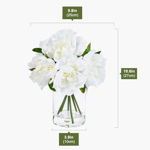 VeriNatural Artificial White Peony Flowers with Vase – 10.6" Fake Silk Floral Arrangements in Glass Vase with Faux Water for Home Decor, Bathroom Shelf, Centerpiece, Wedding, Gift - color: White
