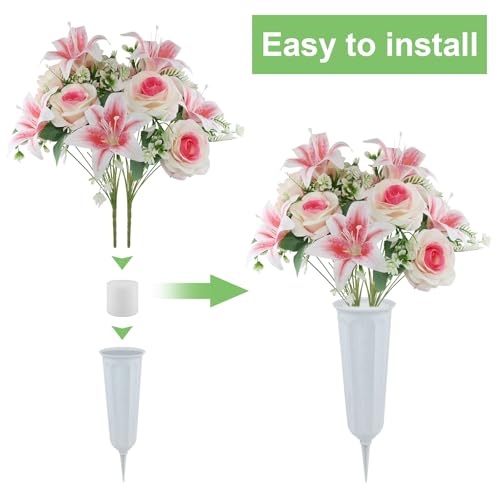 2 Set Artificial Cemetery Flowers with Grave Vase-2 Bunches Lilies & Rose Mixed Pinkish Silk Memorial Flowers-2 Cemetry Vase with Foam for Outdoor Headstones Gravesite Graveyard Decorations - color: Pinkish