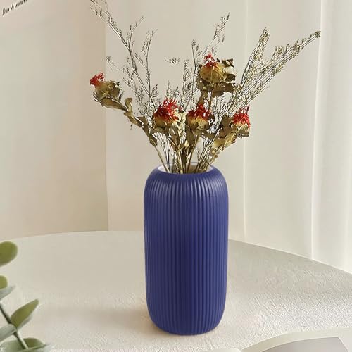 Ceramic Vase for Flowers – Modern Small Ribbed Textured Flower Vase for Home Decor, Pampas Grass, Decorative, Farmhouse, Coffee Table, Kitchen Centerpieces, Bookshelf and Home Living (Navy Blue) - color: Navy Blue