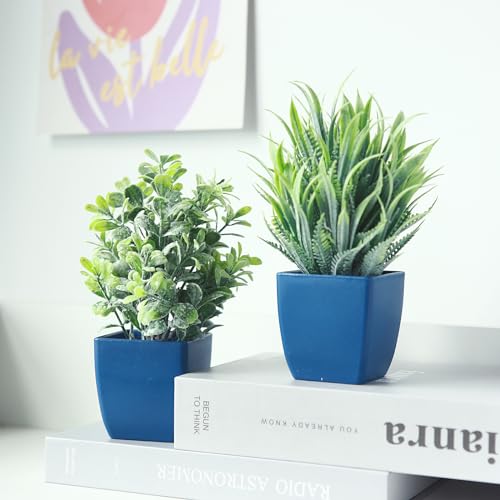 summer flower 2 Pack Fake Plants in Pot Small Artificial Eucalyptus Potted Plant Faux Rosemary in Pot Greenery for Home Decor Indoor Office Shelf Table Desk Bathroom Decoration (Blue-2) - color: Blue-2