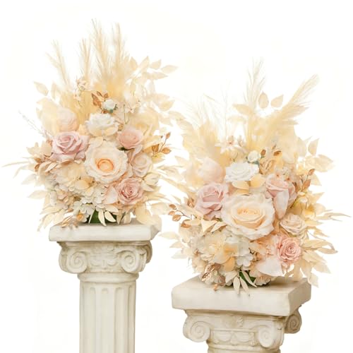 TINGE TIME Free-Standing Artificial Flower Set of 2, Table Centerpiece with Rubber Pad, Silk Fake Flower for Wedding Centerpiece Archway Aisle Welcome Entrance (Champagne&Pink) - color: Champagne&pink