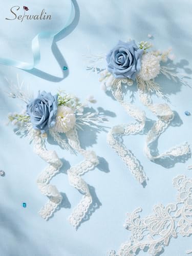 Serwalin 6 PCS Blue Wrist Corsage for Wedding, Corsages Wristlet for Bridesmaid Mother Grandmother Girl, Artificial Flowers for Prom Ceremony Homecoming Anniversary - color: Blue, size: Corsage 6pcs
