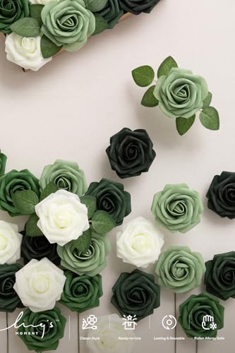 Ling's moment Artificial Flowers, 25Pcs 3" Roses in Emerald Green Shades, Realistic DIY Foam Floral Fill for Wedding Bouquets/Centerpieces, Outdoor Party Backdrops, Room/Table, Garden/Pot Decorations - color: Shades of Forest, size: 25Pcs