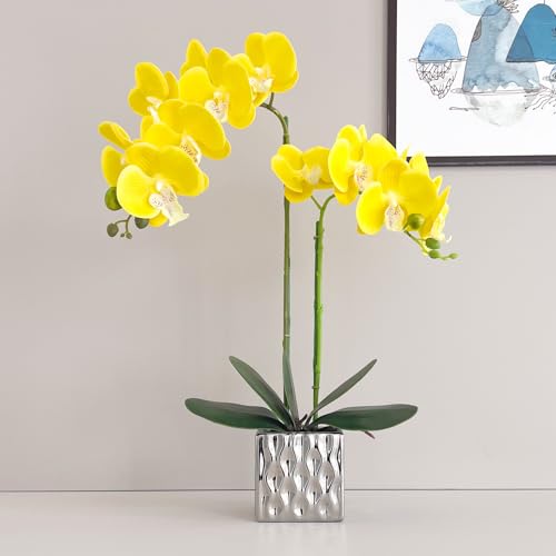 Artificial Orchids Silver Vases Orchids Artificial Flowers Yellow Orchid Height 20 inches - color: Yellow