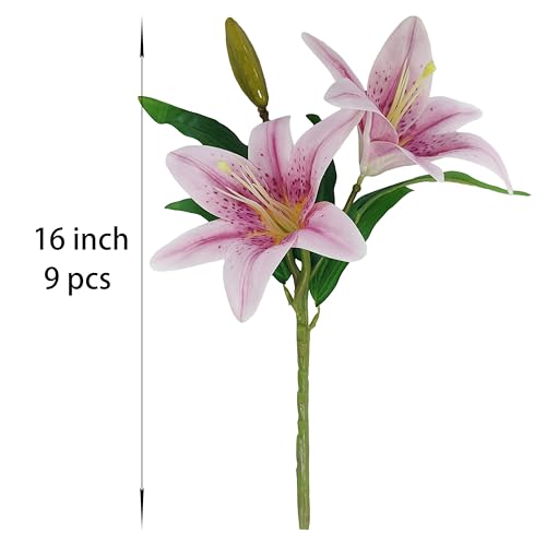ATFL Artificial Lilies Flowers,9 Pcs Faux Lily Flowers,16''Tiger Lily Branches with 2 Full Blooms and 1 Bud,Faux Fake Lilies Plants for Wedding Bouquet Floral Arrangements (9, Purple) - color: Purple