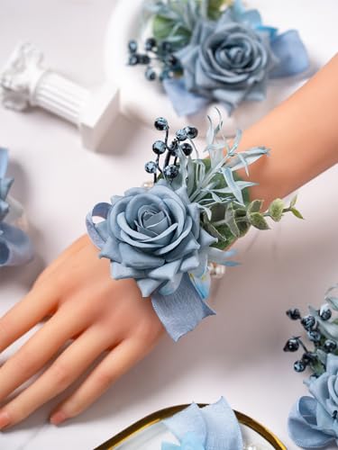 Dusty Blue Corsage and Boutonniere Set, Rose Boutonniere for Men, Prom Flower Wrist Corsage Bracelets, Homecoming Corsages Wristlet, Men Boutonnieres for Wedding Flowers Accessories Prom Suit - color: Blue Wrist Corsage and Boutonniere Set