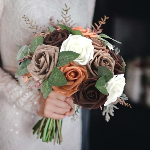 50 Pcs Artificial Foam Rose Flower Faux Bouquet Wedding Fake Rose Gift for Mother's Day Women DIY Bridal Shower Party Table Birthday Home Spring Decor (Shades of Earth Tones) - color: Shades of Earth Tones