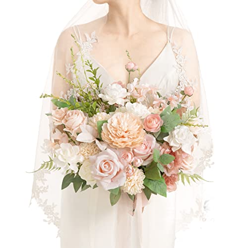 Ling's moment Blush Pink Wedding Bouquets for Bride, Blush and Cream Bridal Bouquets for Bride, 15 Inch Free Form Artificial Wedding Flower Bouquet - color: Pk-blush, size: Medium 15 Inch