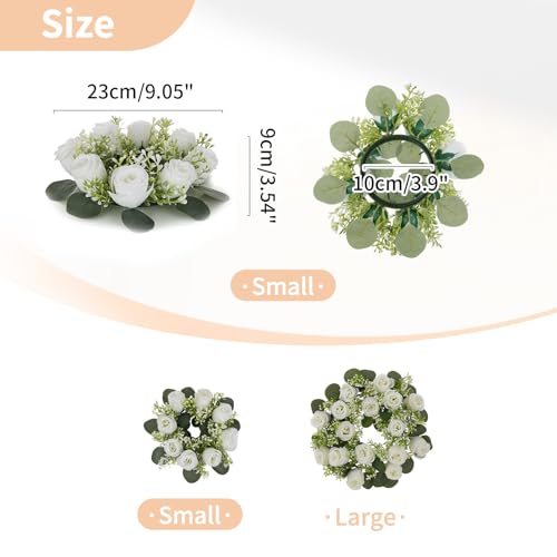 NUPTIO Flower Wreath for Table Centerpieces: 9.05 Inch Small White Artificial Candle Rings for Wedding Party Christmas Decorations - Rose Wreaths for Spring Summer Front Door Porch Decor 2 Pcs - color: White, size: Dia 9.05"-2pcs