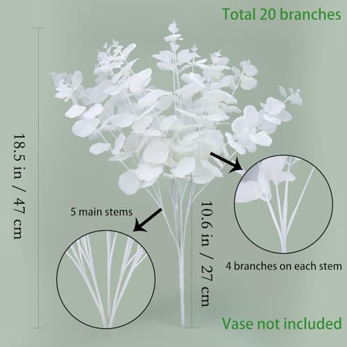 GREENTIME 2 Pack White Eucalyptus Stems with 20 Branches 18.5'' Artificial Flower Bouquet for Vase Wedding Table Centerpiece Decor - color: White - Eucalyptus Stems