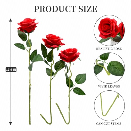 10 Pcs Red Rose Artificial Flower, Faux Silk Flowers With Long Stems, Fake Roses Bulk Bouquet for Decoration Valentine's Day Centerpieces Proposal Bridal Bouquets Shower Party Home Floral Decor - color: Red