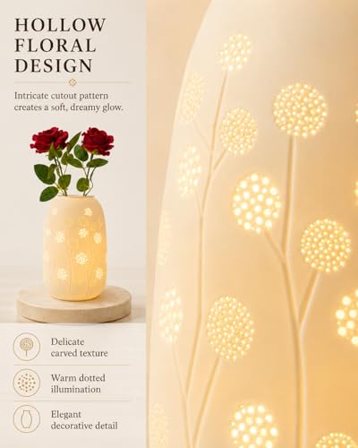 TACAHE Ceramic Vase Table Lamp, 2700K Bulb & 3 Artificial Flowers Included, E12 Socket, Inline Switch, Handmade Openwork Craft, Ambient Light for Living Room Bedroom - Dandelion 9" - style: Dandelion