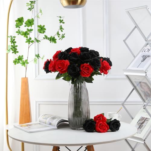 Tifuly Roses Artificial Flowers - 12 pcs Realistic Long Stem Fake Roses Mashup Style Silk Roses for DIY Bouquets Wedding Centerpieces Arrangements Home Party Decor(Black & Red) - color: Black & Red