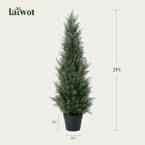 Laiwot 3FT Artificial Cedar Topiary Trees for Outdoors Potted Fake Cypress Trees Faux Evergreen Plants for Home Porch Decor Set of 2 - size: 3ft
