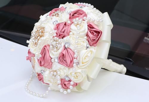 Dusty Pink Rose and Ivory Wedding Bouquet with Rhinestone Brooch Pearl String Satin Flower Cascade Bridal Bouquet for Bride Bridesmaid Quinceanera Wedding 6.3in - color: Dusty Pink & Ivory, size: Small (DIA. 6.3"/16cm)