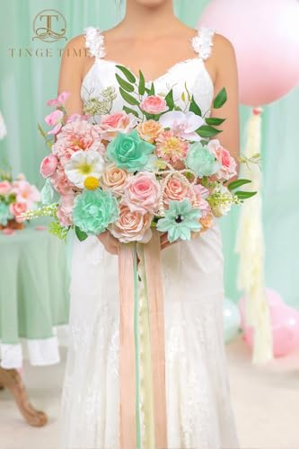 TINGE TIME 13 Inch Wedding Bouquets for Bride,Bridal Bouquet for Bride, Artificial Silk Flowers for Wedding Ceremony and Anniversary (Mint Green & Pink) - color: Mint Green & Pink