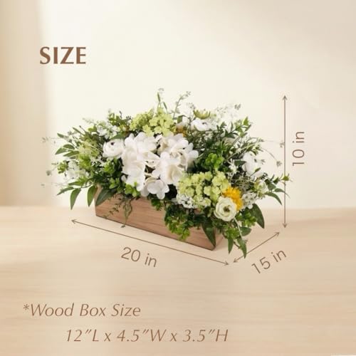 Spring Summer Centerpiece for Table, 18" L Lifelike Artificial Flowers in Rustic Whitewashed Rectangular Wood Box, Lush Spring Faux Floral Arrangement Farmhouse Mantel Shelf Kitchen Island Decor