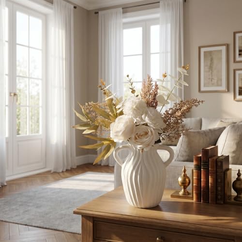 Artificial Flowers Bouquet - Faux Silk Flowers Centerpiece, Realistic Fake Flowers Plants for Home Decor Dining Table, Indoor Vase, Wedding Bouquet Arrangements (White) - color: White