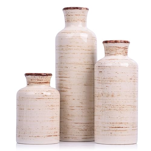 Ceramic Vase Set - 3 Ceramic Small Vases, Farmhouse Country Flower Vase Home Decor, Living Room Decoration, Table Decoration, Fireplace Decor, and Entrance Decorations Centerpieces - color: Beige