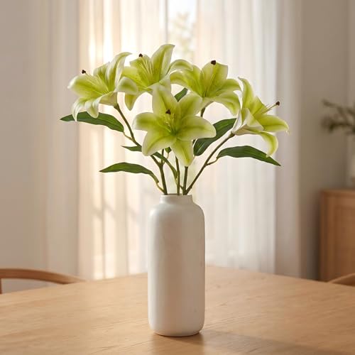 Artificial Lily Flowers,6 Pcs Faux Lily Flowers,Tiger Lily Branch with 3 Full Blooms and 4 Leaves (6, Green) - color: Green