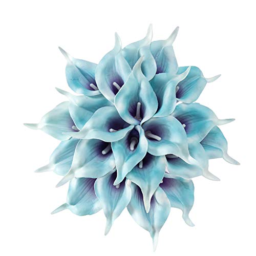 Crafjie 22pcs 13.4 Inch Lataex Real Touch Artificial Calla Lily Flowers, for Home Decor for Spring Flowers, Home Kitchen, Wedding Decorations, and centerpieces.（Purple in Blue） - color: Purple in Blue