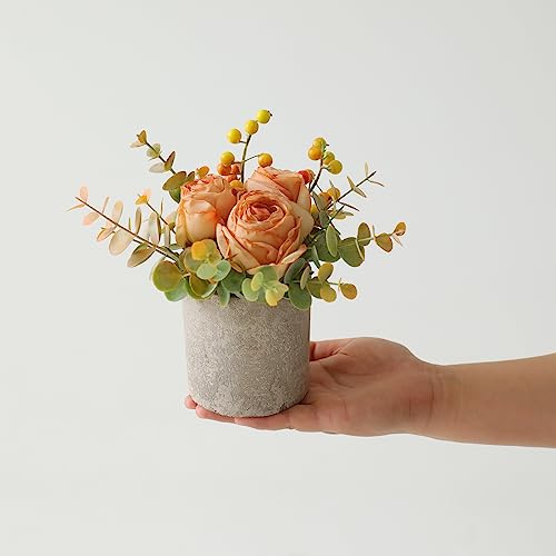 Small Artificial Burnt Orange Rose Potted Plant, 6" Fake Silk Flowers in 3" Cylindrical Pot, Mini Faux Floral Arrangement for Desk Shelf Bathroom Decor - color: Burnt Orange
