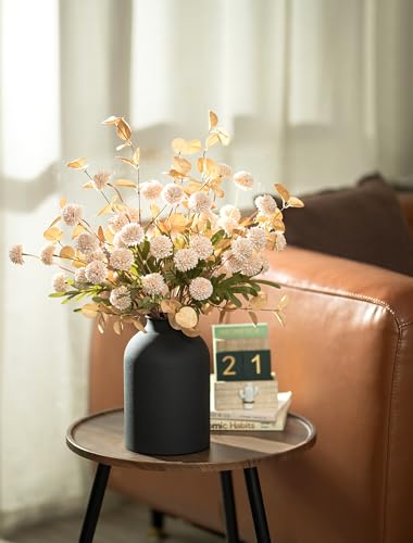 BLOSMON Fake Flowers Centerpieces for Tables: Gifts for Women Metal Vase with 12 Stems of Artificial Mums Kiku Eucalyptuses for Dining Room - Beige Faux Floral Arrangements in vase for Mothers Day - color: Beige