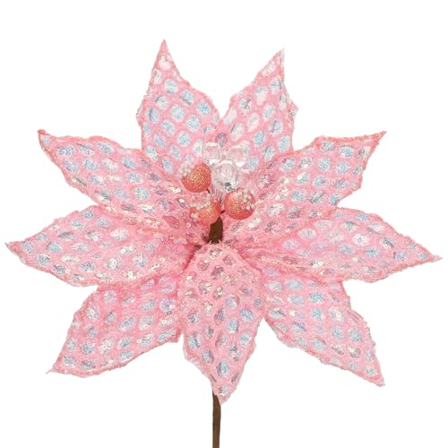 Briful 3PCS Poinsettias Artificial Christmas Flowers 22.4in Long Stem Pink Glitter Mesh Poinsettia Fake Christmas Tree Flower for Xmas Home Wreath Garland Floral Arrangement Holiday Decor - color: Light Peach Pink