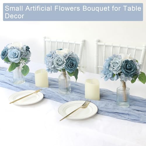 Artificial Bridesmaid Bouquets Set of 6-7 Inch Silk Bouquets for Bridesmaids, Pre-Made Small Wedding Bouquet Fake Flowers for Bridal Shower, Table Centerpieces, PartyDecor - Dusty Blue - color: Dusty Blue, size: 6pcs Bouquets