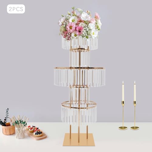 2Pcs 5 Tiers Wedding Centerpieces Vase, 43.3" Tall Wedding Centerpieces Crystal Flower Stand, 5-Tier Crystal Vase with 11.81" Square Base for Party Event Home Decoration (Gold) - color: Gold+square Base