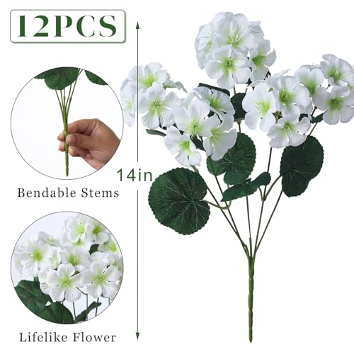 GLIDLION 12 Bundles Artificial Geranium Flowers for Spring Summer Decor, UV-Resistant Fake Plants Realistic Faux Silk Bouquets for Front Door Farmhouse Garden Porch Home Outdoor Decor (White) - color: White