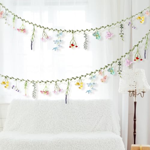 2 PCS 6.5 Ft Artificial Flower Banner Spring Wildflower Garland Hanging Flowers for Decoration Floral Backdrop for Bridal Shower Home - color: Green