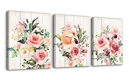 Pink Flower Home Decor Bathroom Wall Art Canvas Framed Wall Art for Girls Bedroom Bathroom Pictures Wood Grain Kitchen Modern Wall Decor Colorful Artwork for Walls Decoration Size 12x16 Each Panel