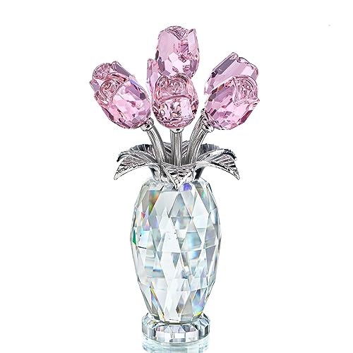 H&D HYALINE & DORA Pink Crystal Rose Bouquet Figurine,Handmade Rose Flower Gifts for Mom Gifts for Women,Glass Flower Collectible Ornament Home Table Wedding Decor - color: Pink 1