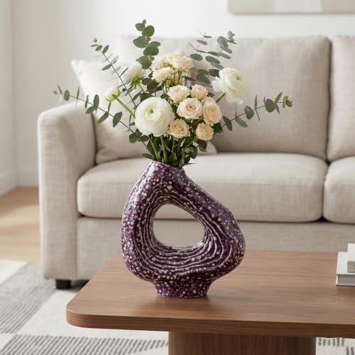 Sunddo Ceramic Flower Vase, 9 Inch Purple Modern Vases for Home Decor, Unique Donut Vase for Living Room, Centerpiece Table, Kitchen, Fireplace, Bookshelf, Shelf Decor - color: Purple, size: 9 inch